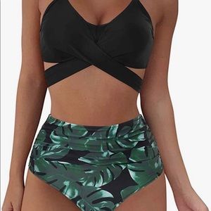 Black and Tropical High Waisted Bikini Set